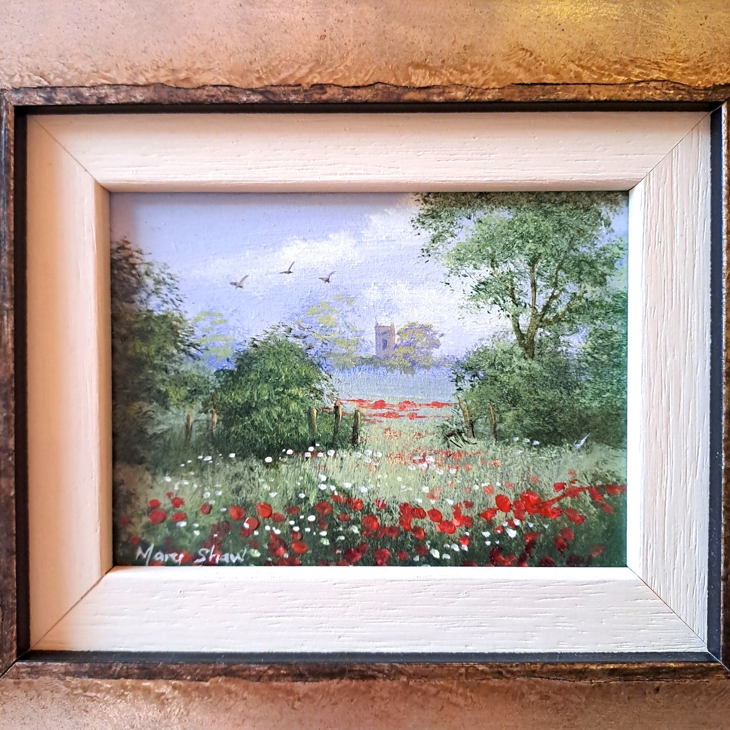 MARY SHAW Framed Original Miniature Oil Painting Poppies and Church