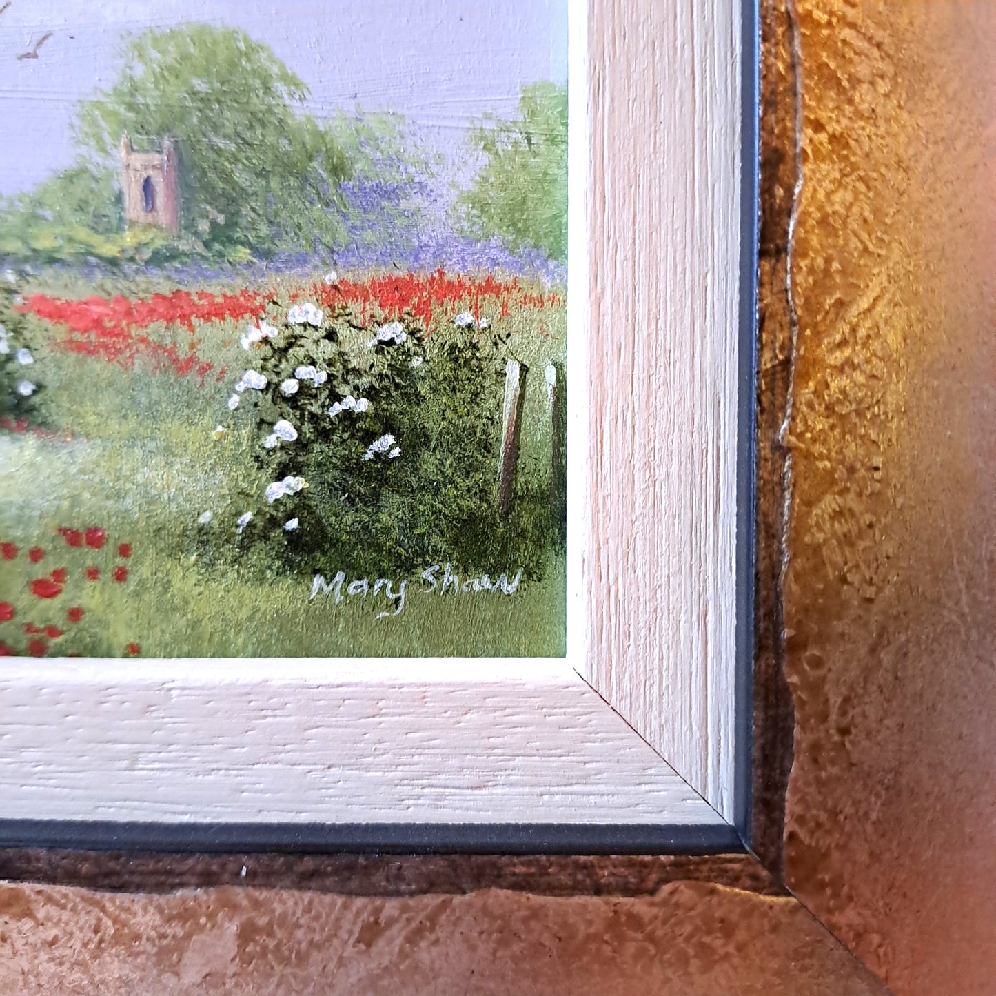 MARY SHAW Framed Original Miniature Oil Painting Poppies and Church 2
