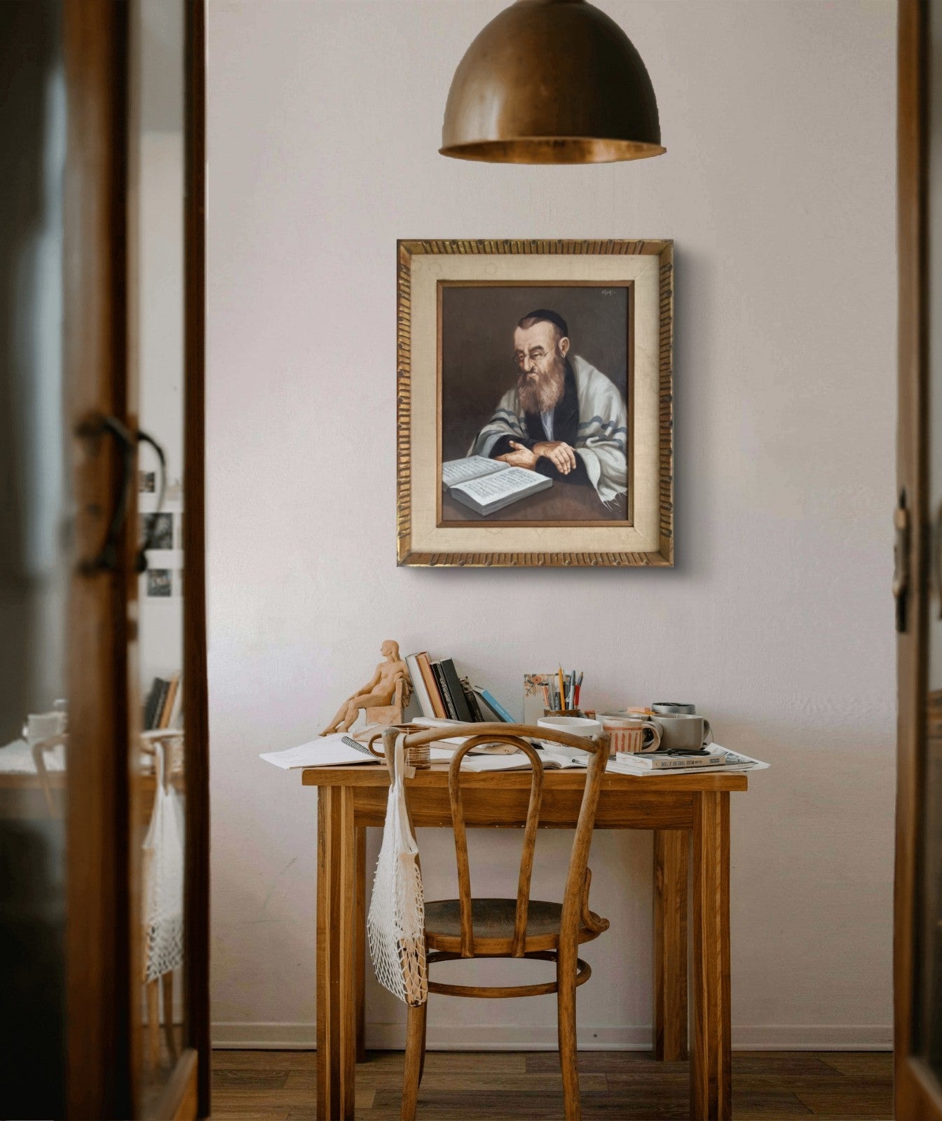 Framed original oil on canvas by SOLOMAN LESKI depicting a portrait of a rabbi, part of Curated Treasures collection.