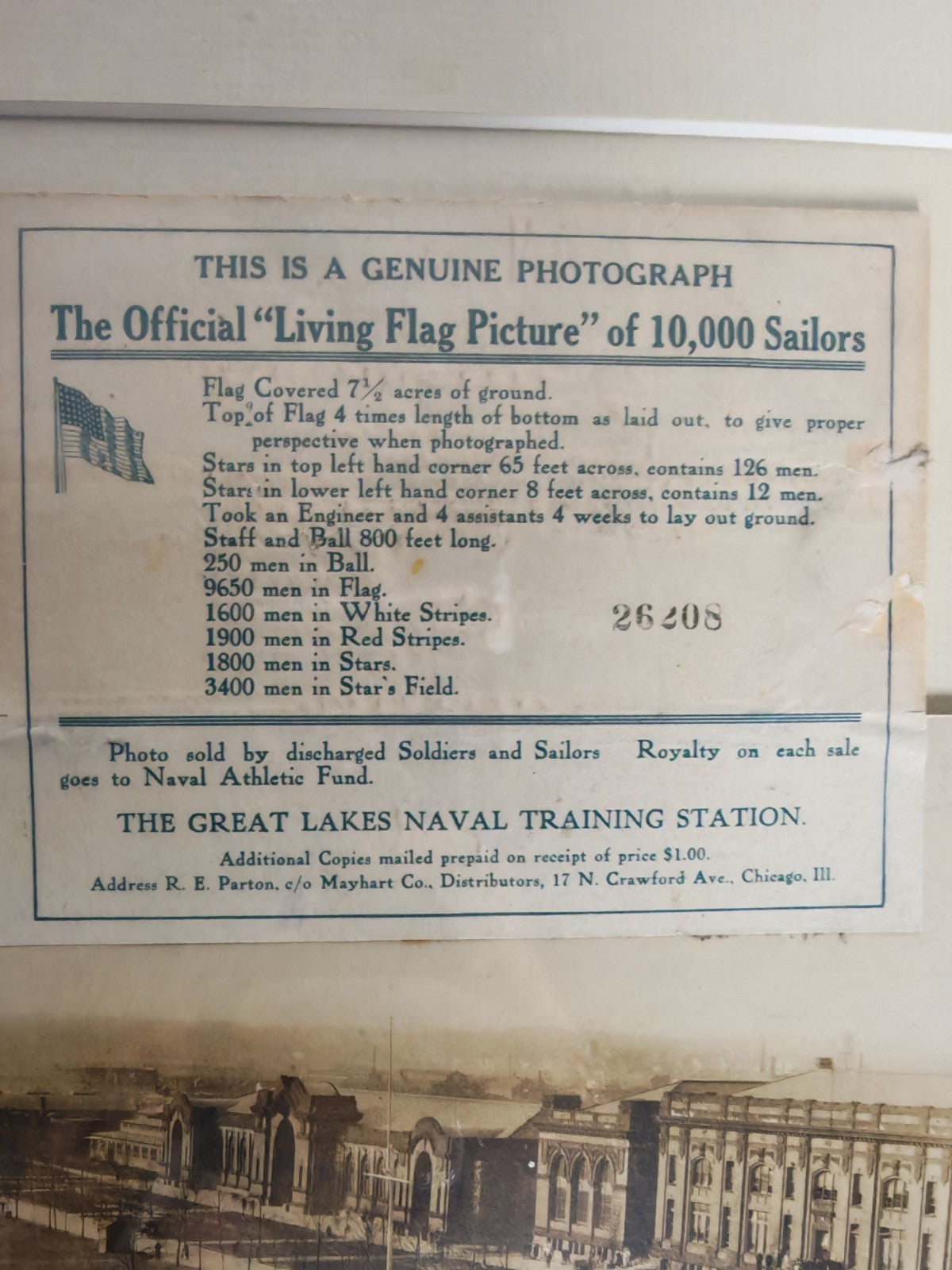 1917 WWI Living Flag Photo of 10,000 Sailors Great Lakes Naval Training Station
