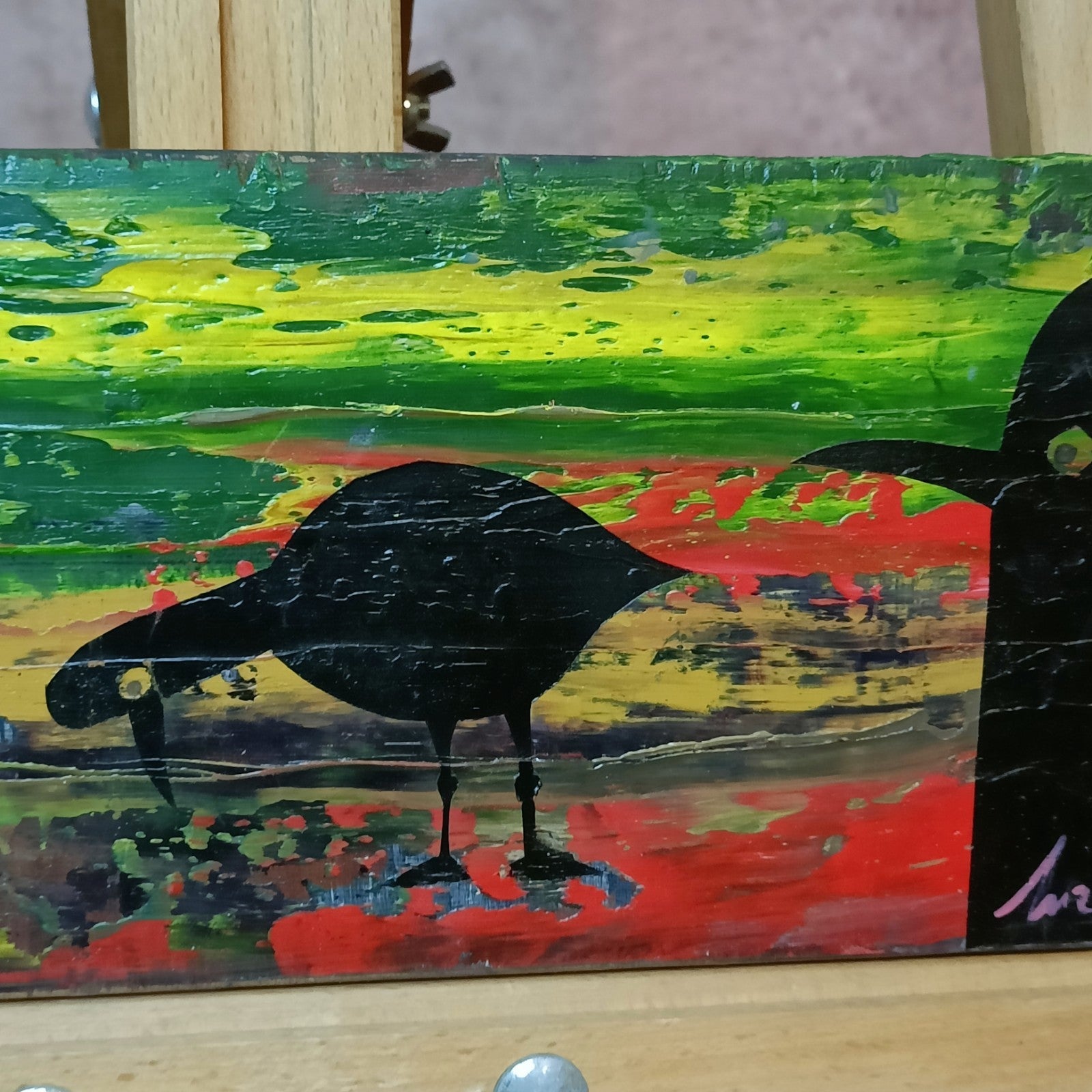 JUSTIN BOXALL Original Acrylic on Wood "Dystopian Robot Gulls" - Curated Treasures