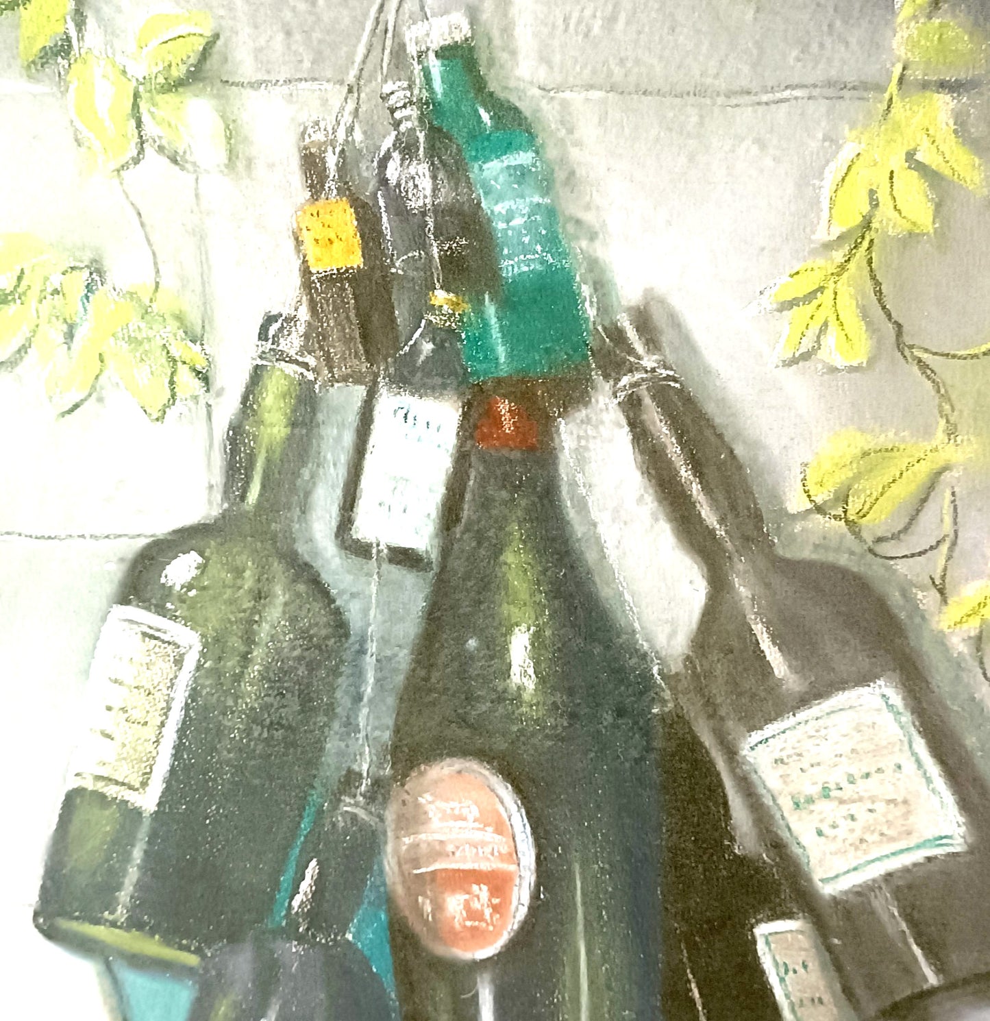 B.J. MASLEN  Original Pastel and Chalk "Ten green bottles"