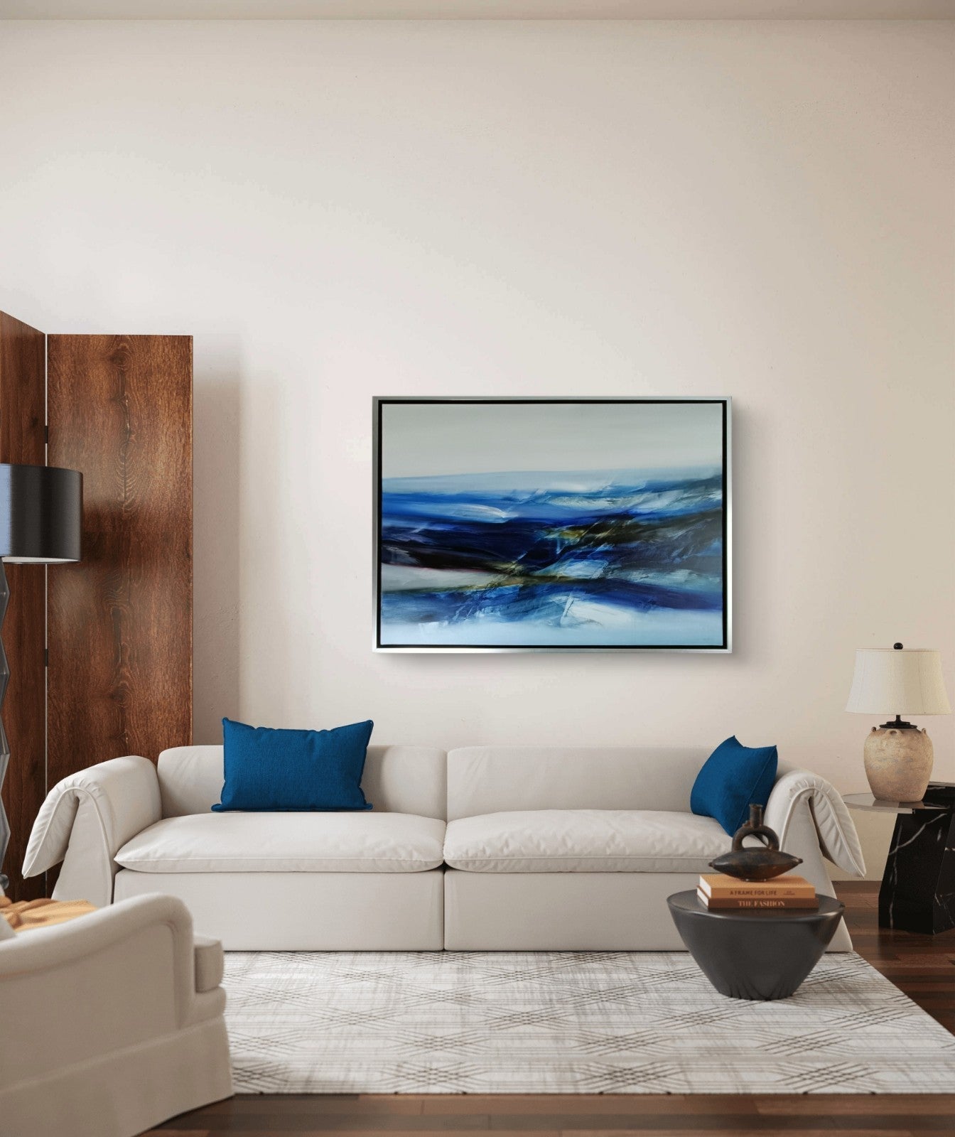 Signed original oil painting "On The High Sea" by Jean-Claude Barthel, featuring a maritime scene with boats and ocean waves.