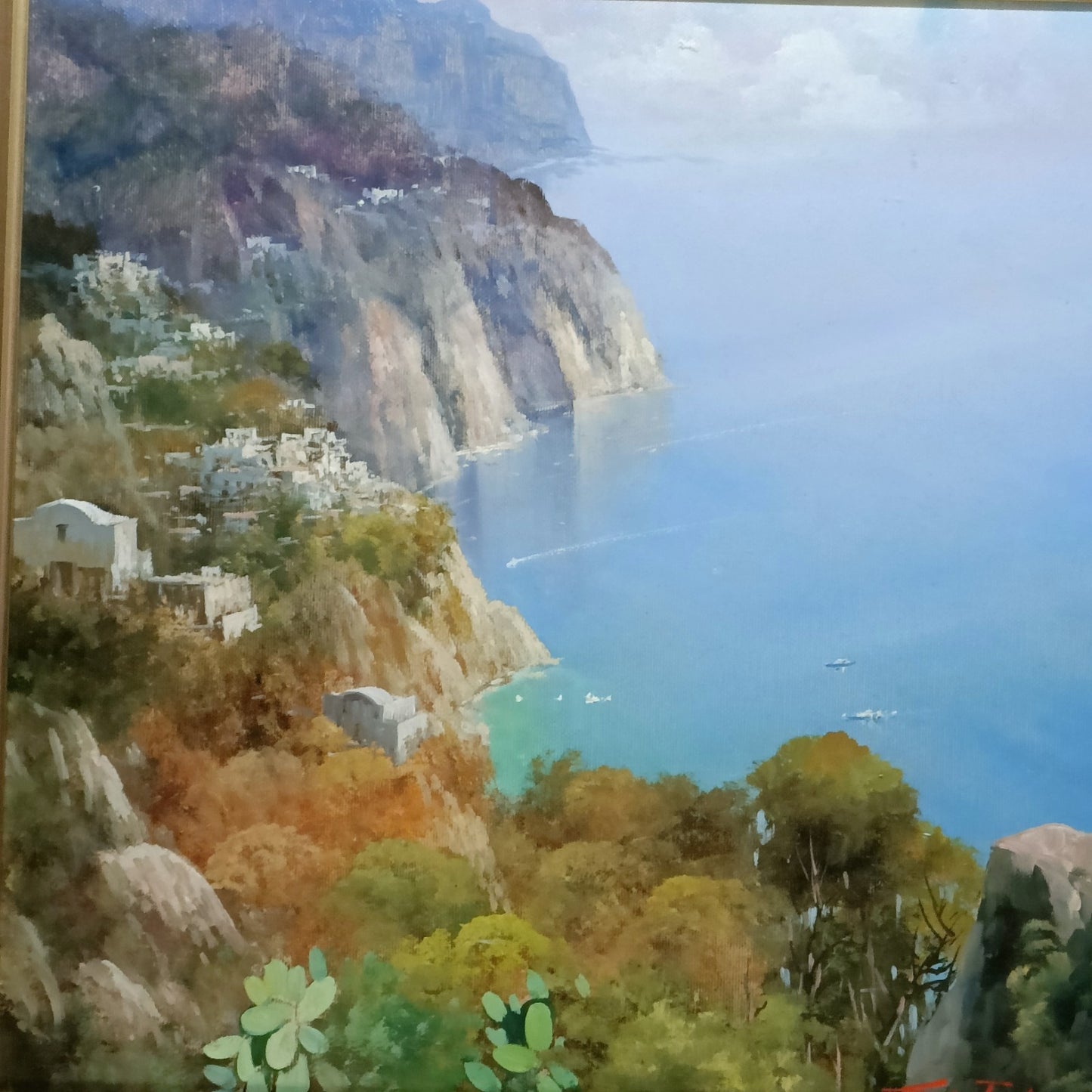 Signed framed original oil painting by Giuseppe Torella depicting the scenic Amalfi Coast, with vibrant seaside and coastal landscape.