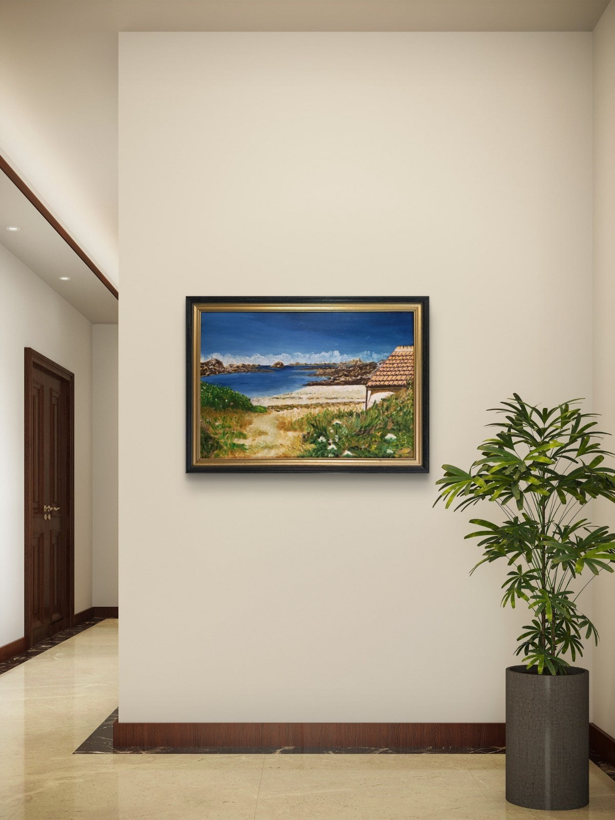 Unsigned, Framed Vintage Original Oil Painting Mediterranean Coastal Scene