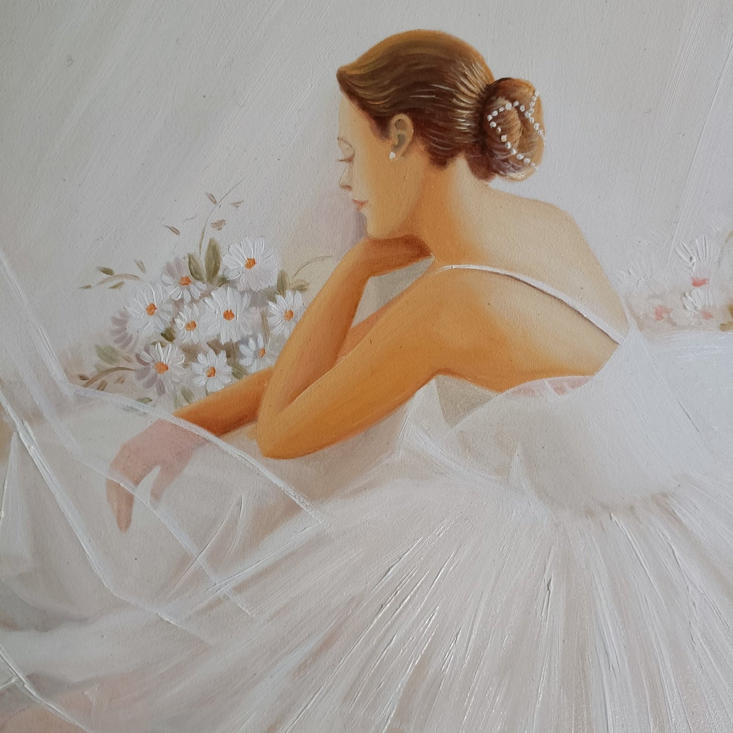 Framed signed oil painting of a seated ballerina by Marisa Mallol, artwork displayed in a stylish frame.