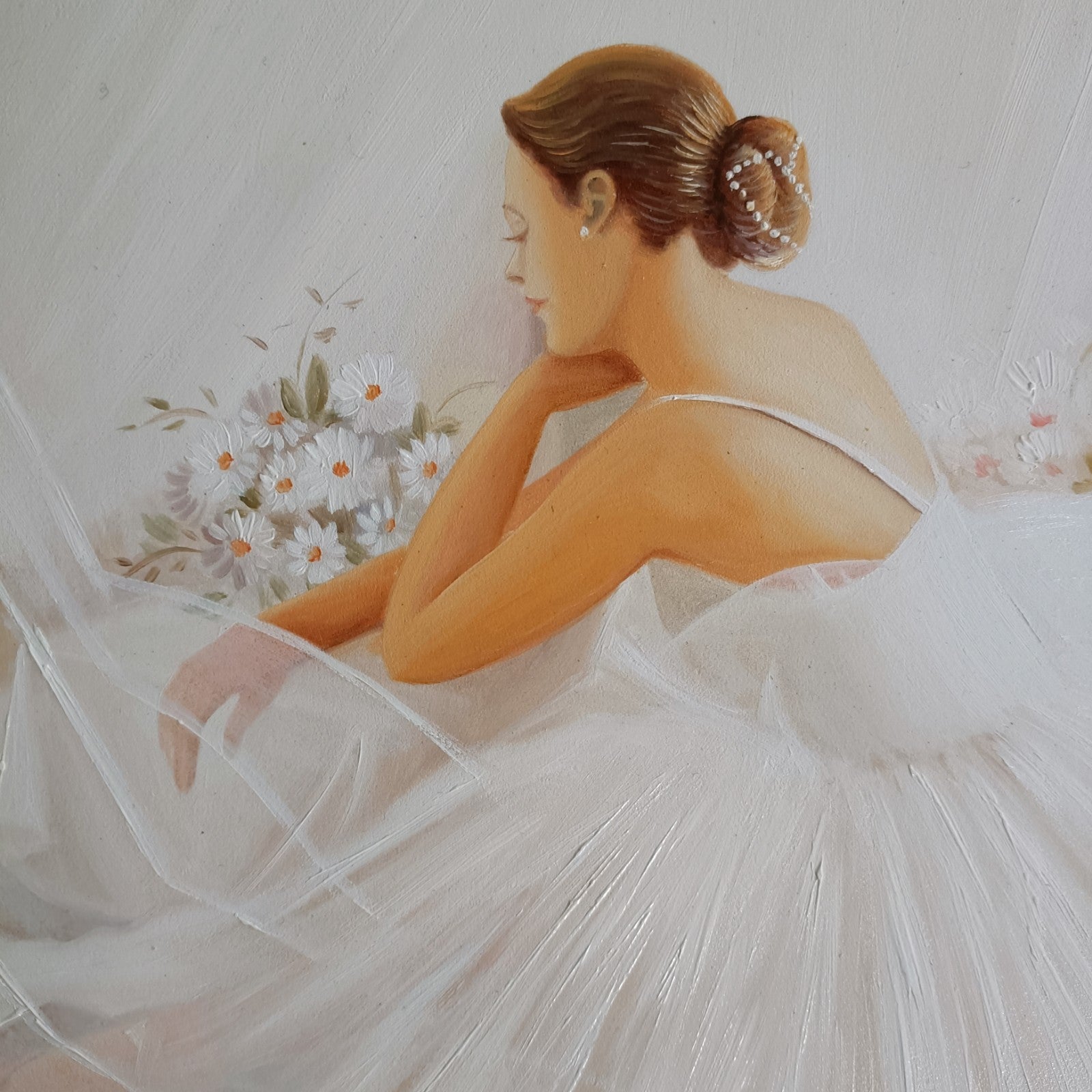 Framed signed oil painting of a seated ballerina by Marisa Mallol, artwork displayed in a stylish frame.