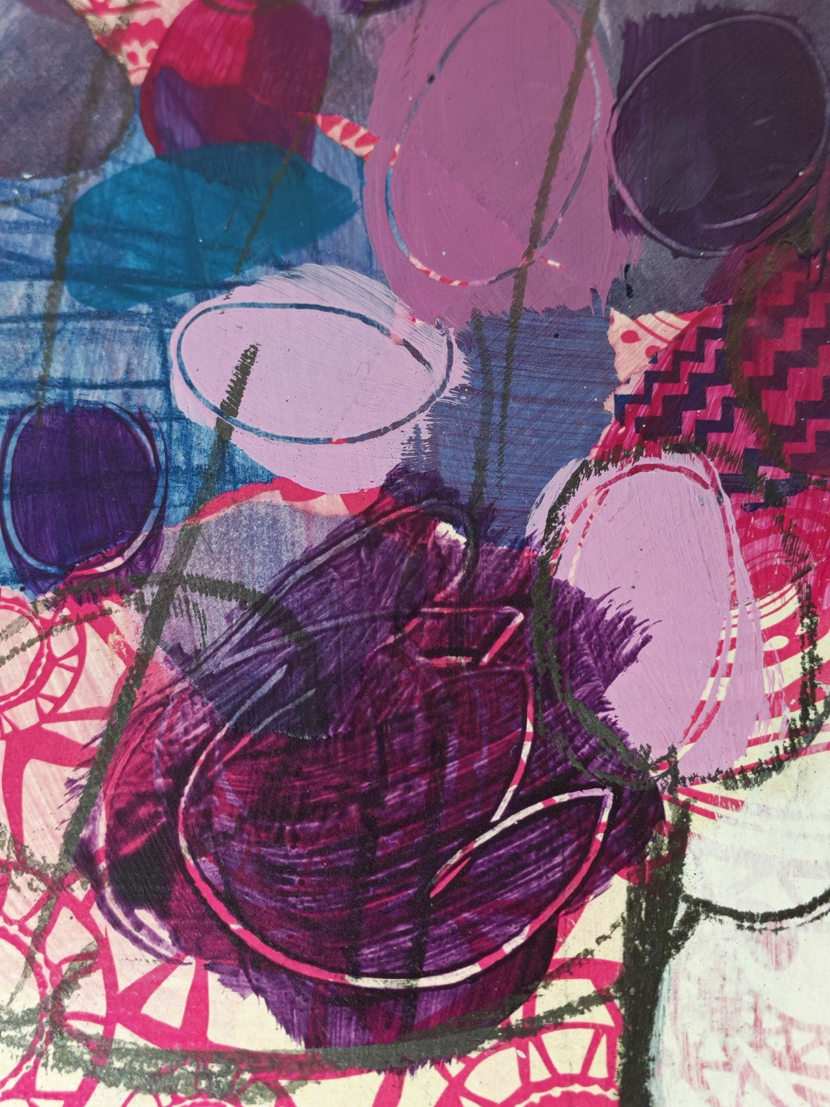 INES SZAMREY "Paper Flowers No. 7" Signed Original Oil Acrylic and Paper on Board