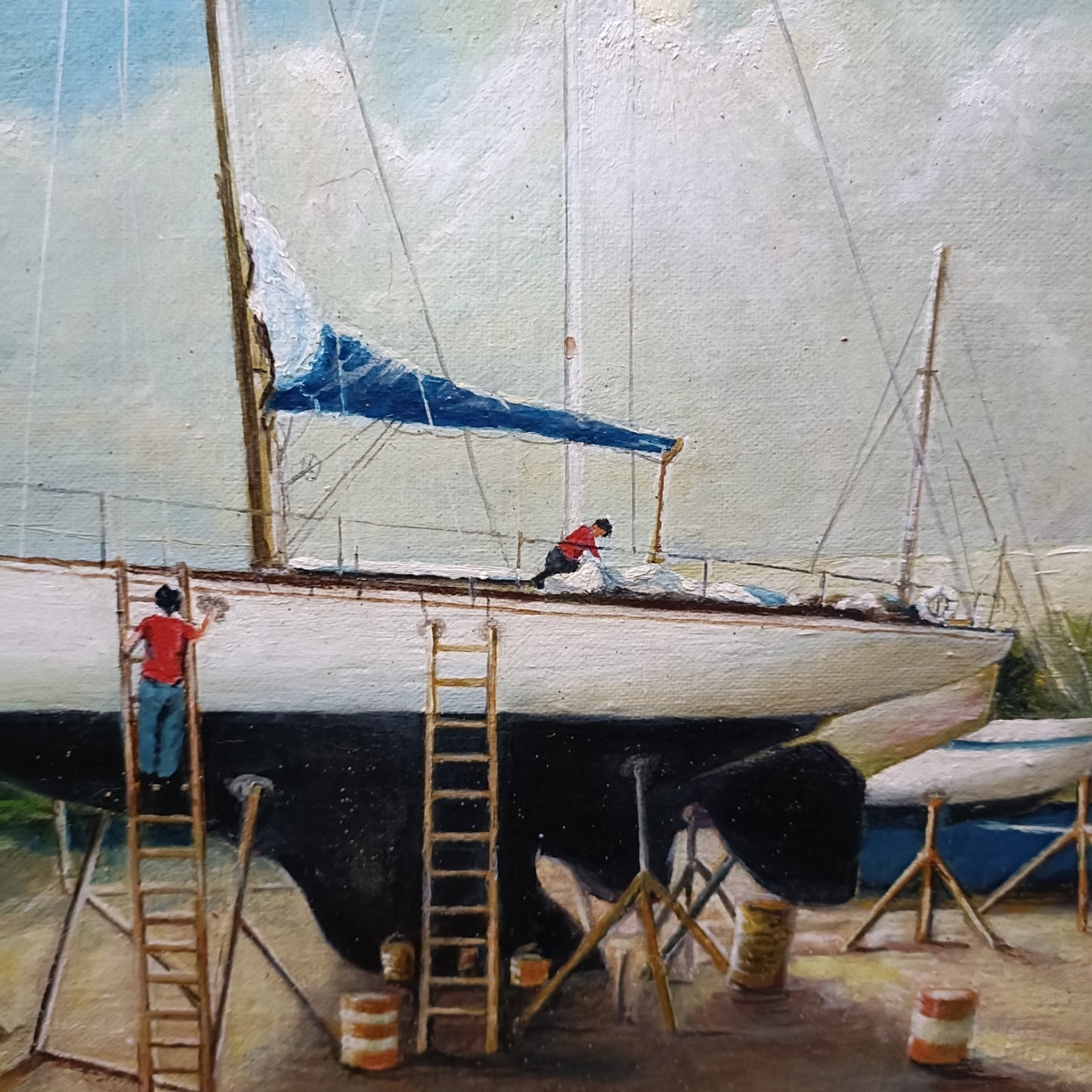 FR WETHERALL Framed Original Oil on Board "Boatyard at Dartmouth"
