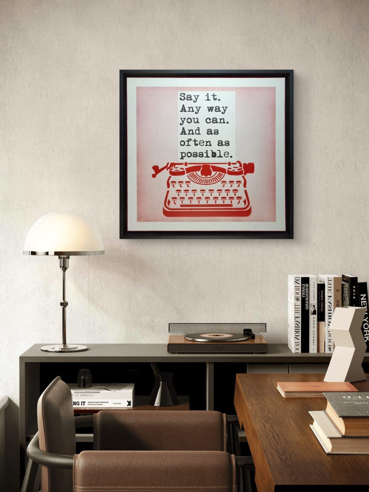 Signed framed original "Say It" art by WRDSMTH (Phil Brody), featuring bold typography, displayed in a sleek frame.