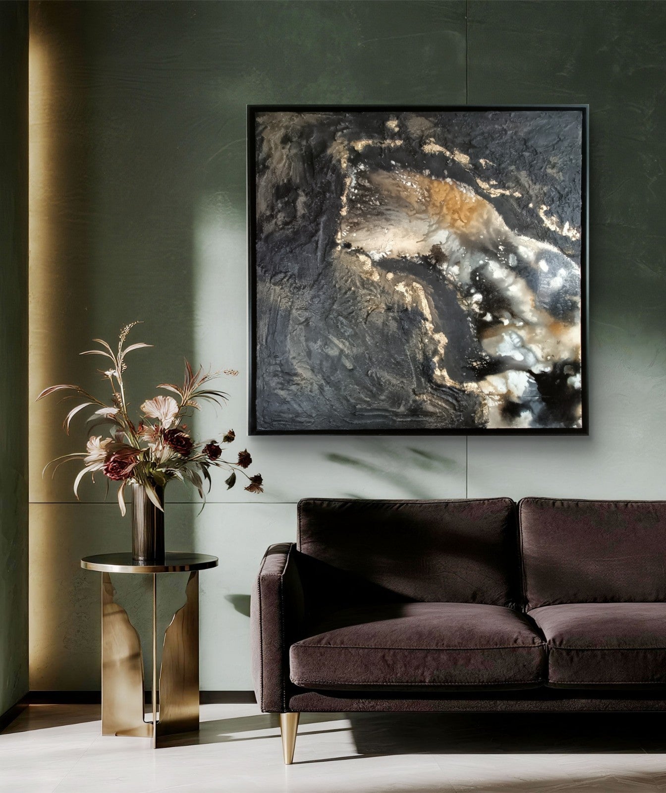 Large original mixed media abstract painting "Blackout" by RAJAN SETH, featuring bold black and white brushstrokes, by Curated Treasures.