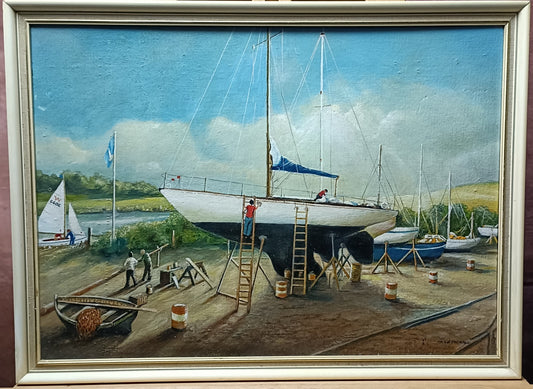 FR WETHERALL Framed Original Oil on Board "Boatyard at Dartmouth"