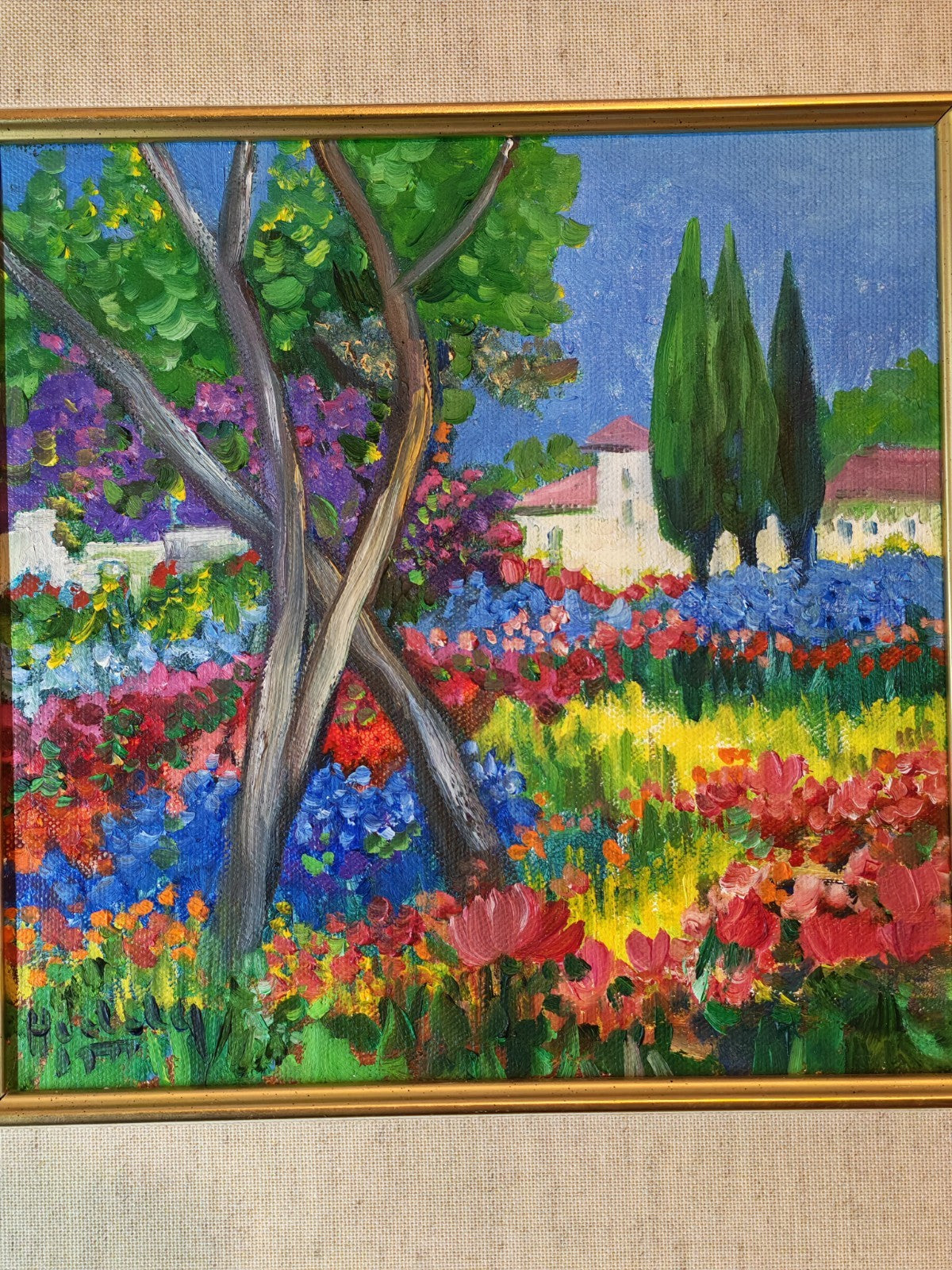 HEDDY KUN "Flower Garden with Cypress" Signed Framed Original Oil on Canvas