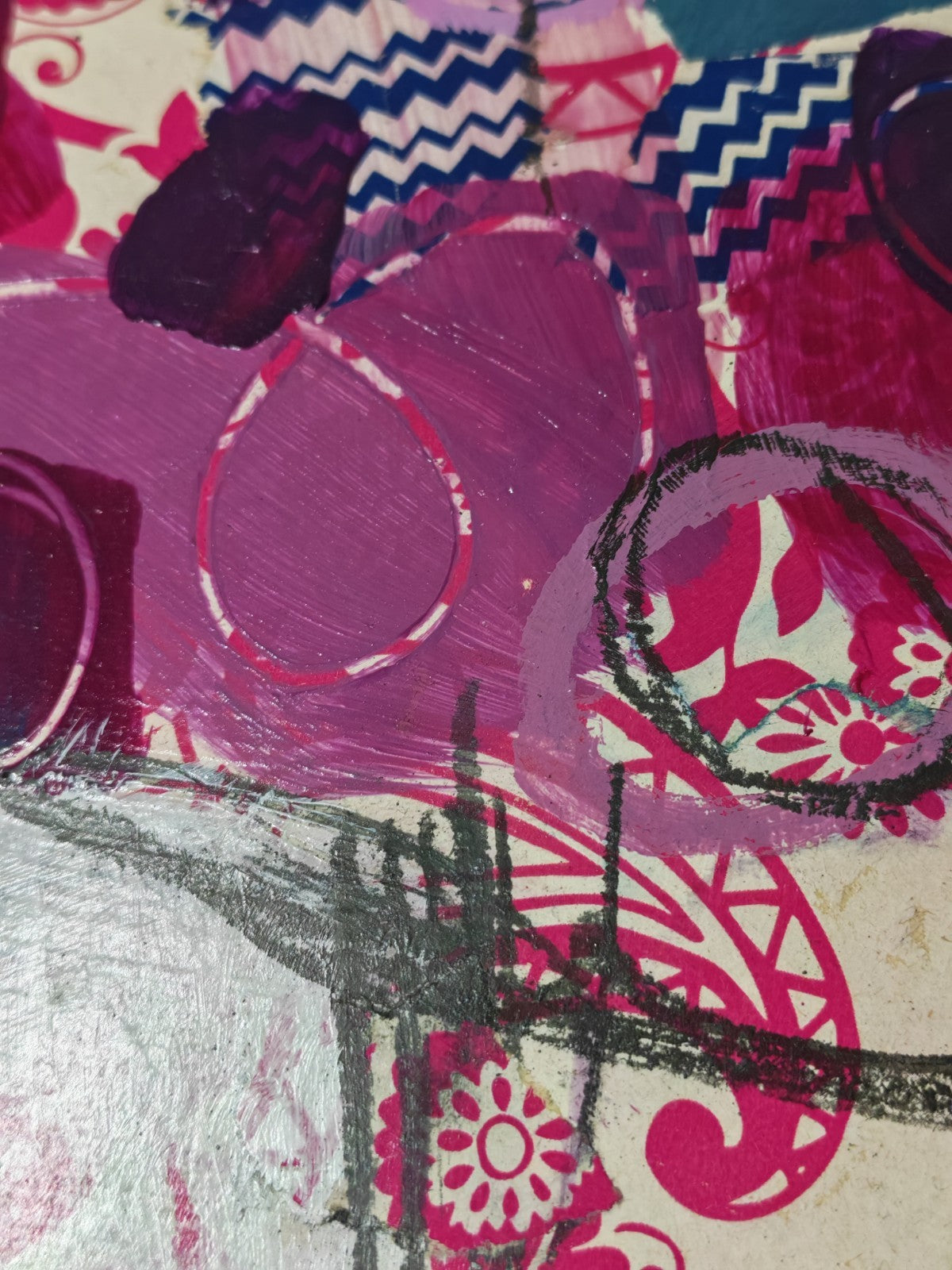 INES SZAMREY "Paper Flowers No. 7" Signed Original Oil Acrylic and Paper on Board