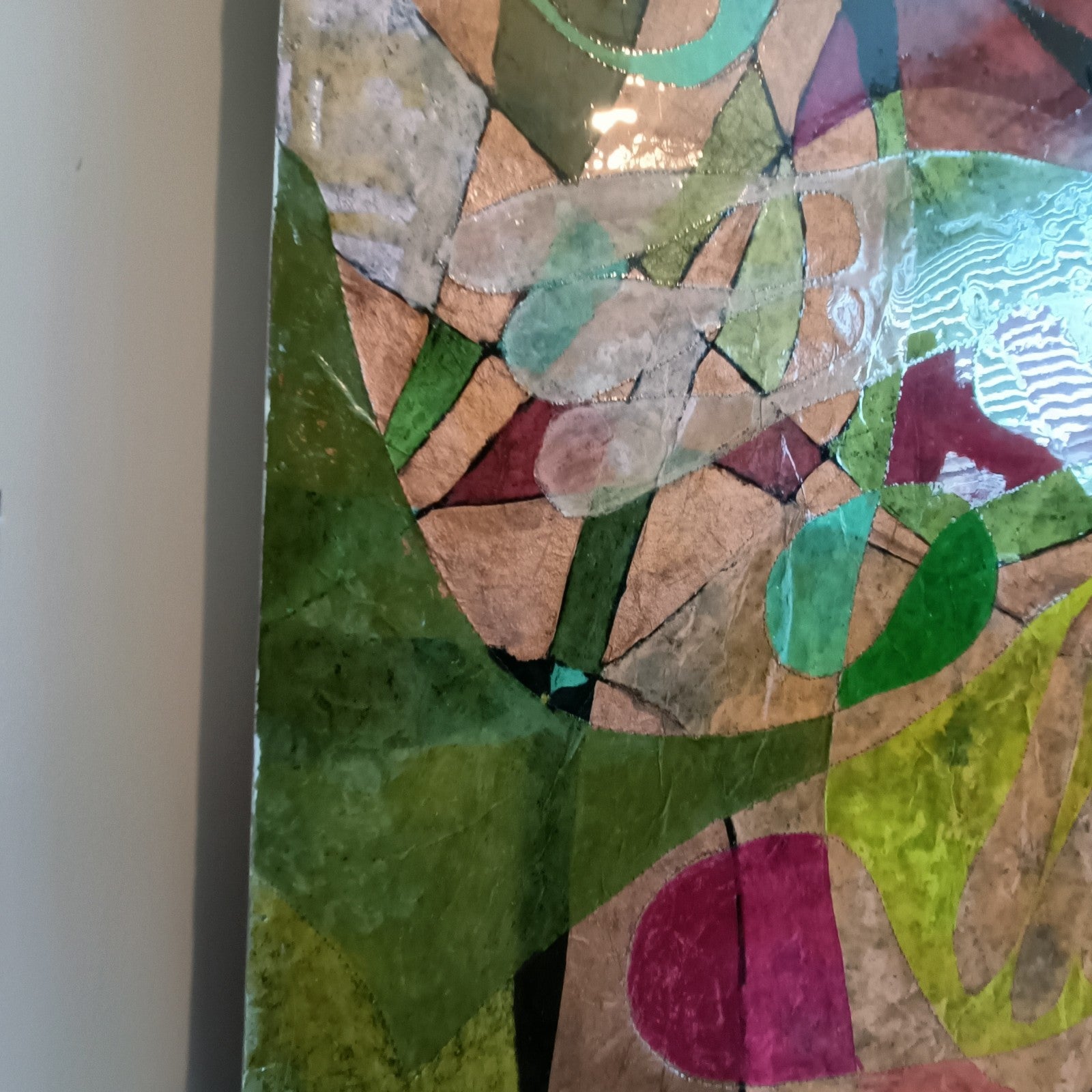 Large mixed media art print titled "After Picasso, Pink and Green" by Julia Noble, featuring vibrant pink and green abstract elements.