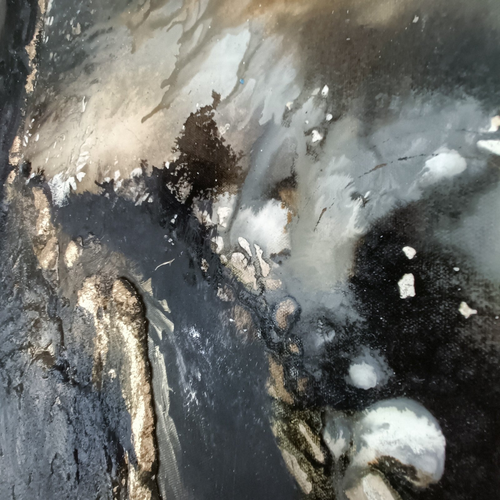 Large abstract mixed media painting "Blackout" by Rajan Seth, featuring bold black and textured elements, from Curated Treasures.