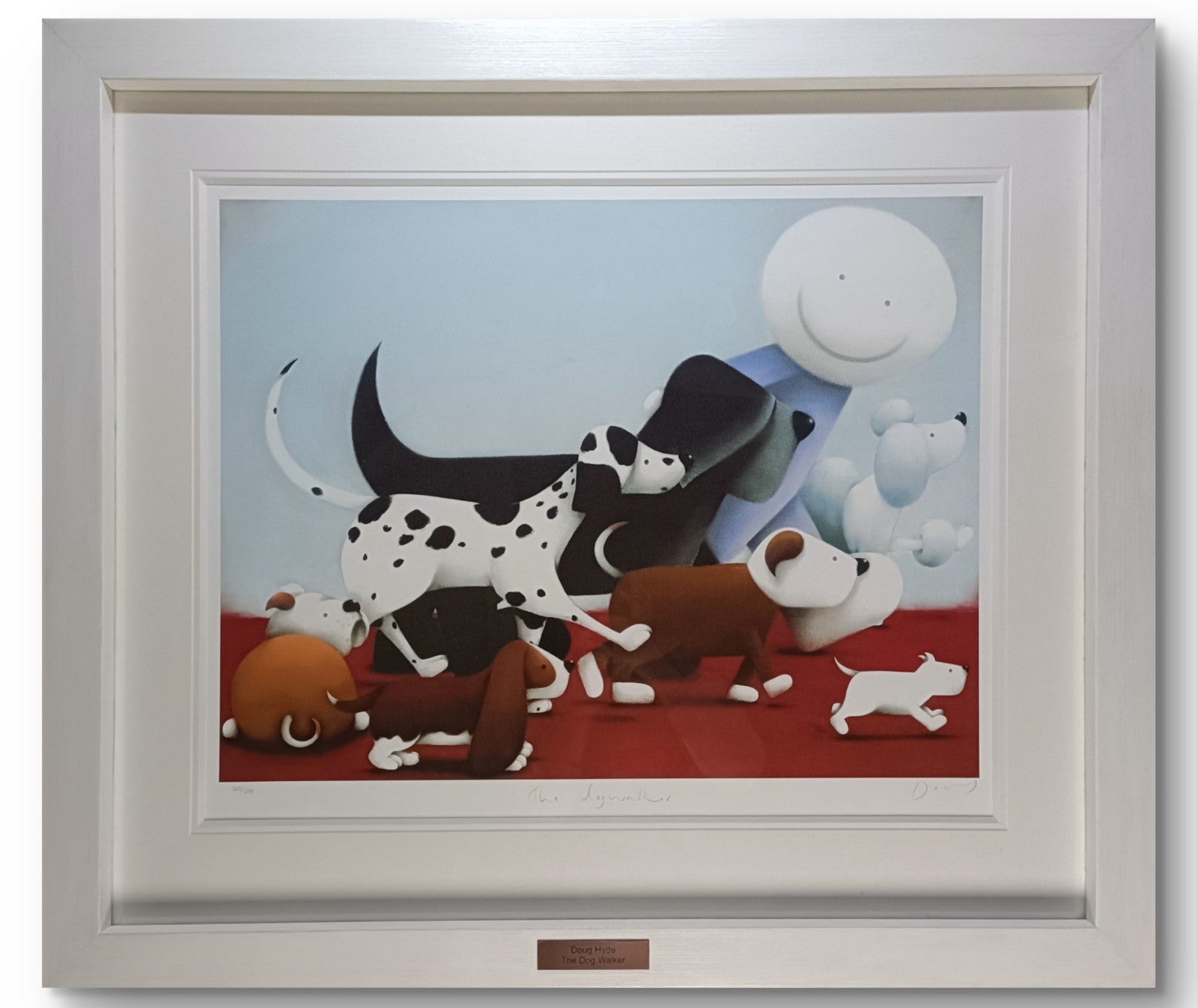 Rare framed Doug Hyde limited edition print "The Dog Walker," numbered 265 of 295, displayed in a decorative frame.