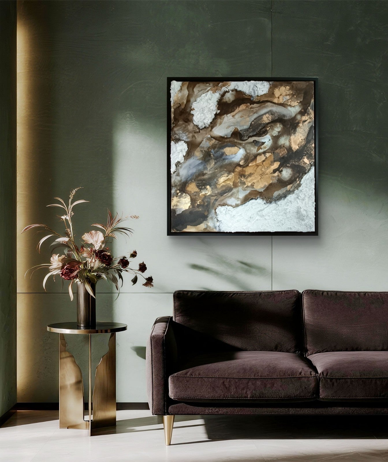 Large RAJAN SETH mixed media abstract painting titled "Mocha" featuring earthy tones and textured brushstrokes, by Curated Treasures.