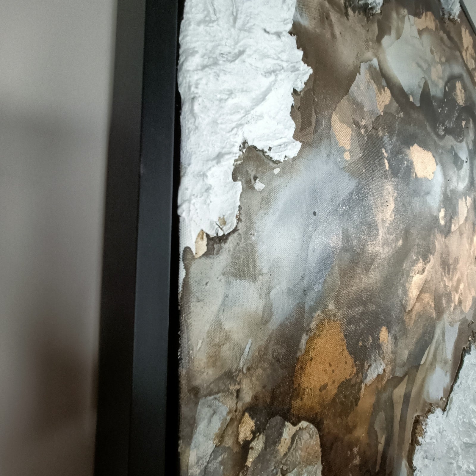 Large abstract mixed media painting titled "Mocha" by Rajan Seth, featuring earthy tones and textured brushstrokes.