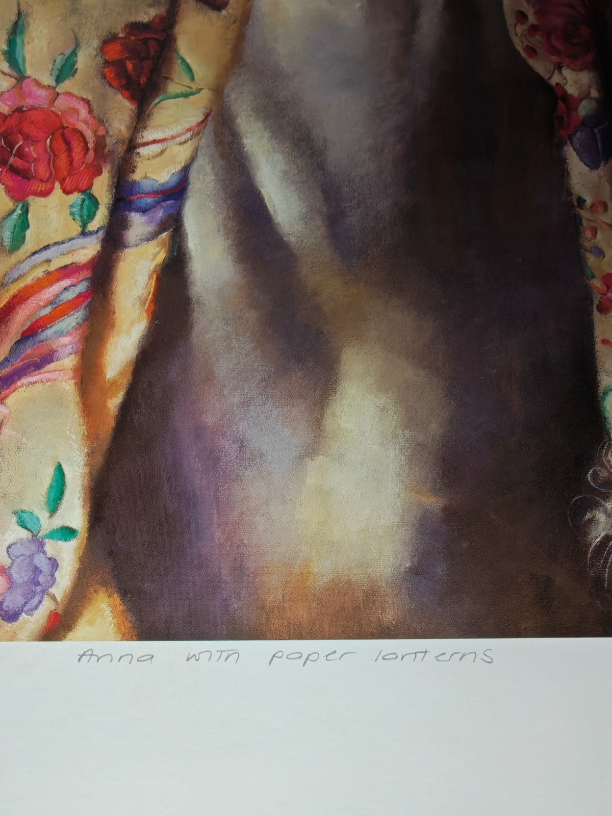 Signed limited edition print of Robert Lenkiewicz's "Anna With Paper Lanterns," number 31 of 500, featuring vibrant paper lanterns.