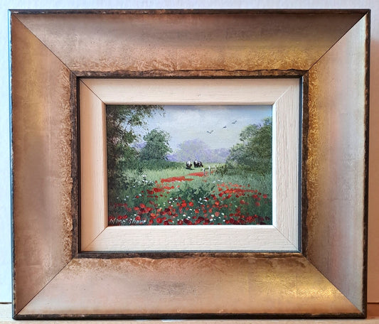 MARY SHAW Framed Original Miniature Oil Painting Poppies and Cows