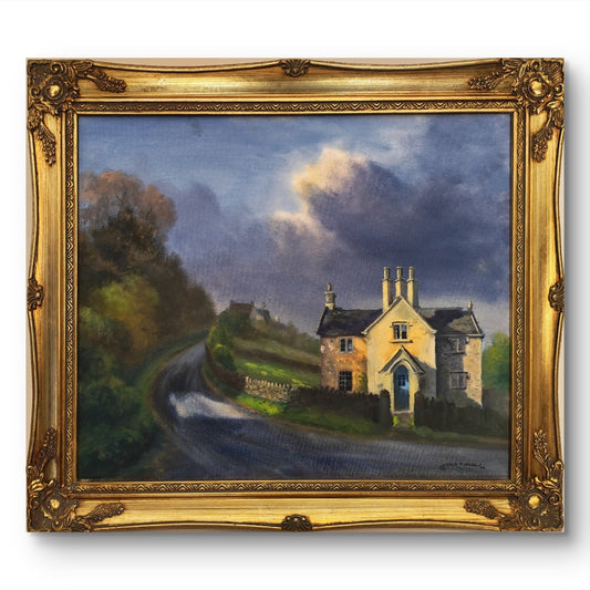 Original oil painting by Jack Russell titled "Plough Cottage," signed and framed, depicting a rural cottage scene.