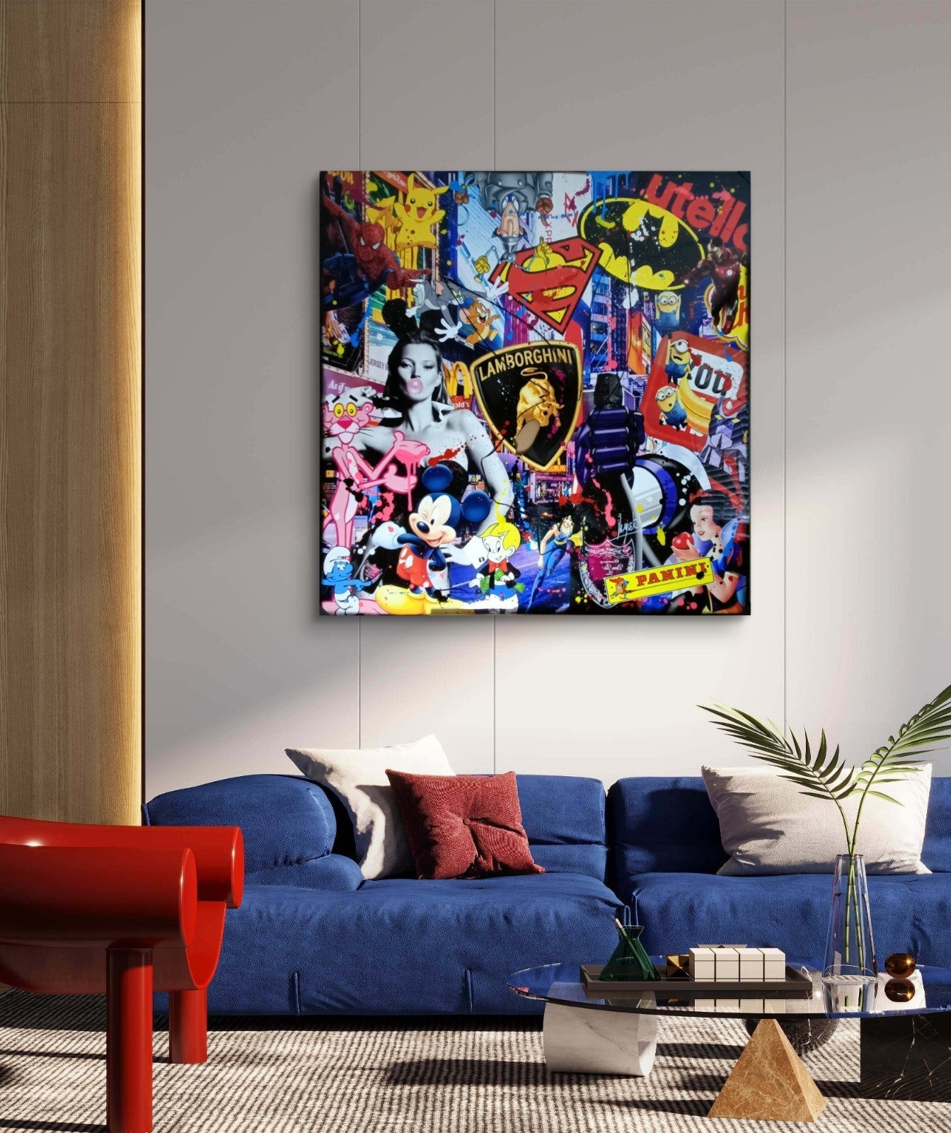 Original multi-media artwork titled "Playboy Party" by Auguste, a French artist, featuring vibrant colors and playful imagery.