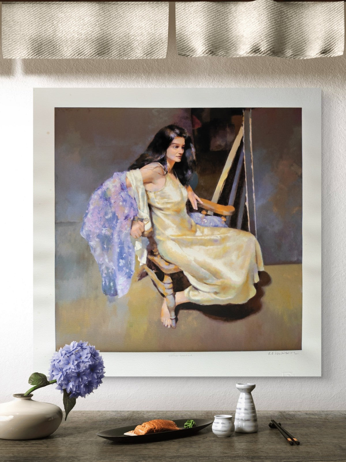 Signed limited edition print of Robert Lenkiewicz's "Esther Seated," numbered 275 of 475, on display with detailed artwork visible.