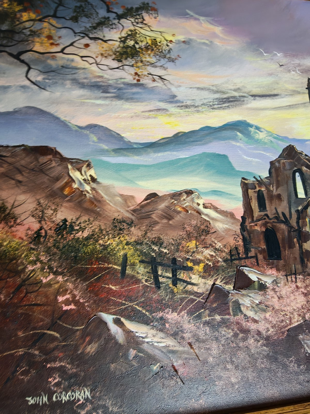 JOHN CORCORAN "Sunset Over Ruins" Signed Framed Original Acrylic on Canvas