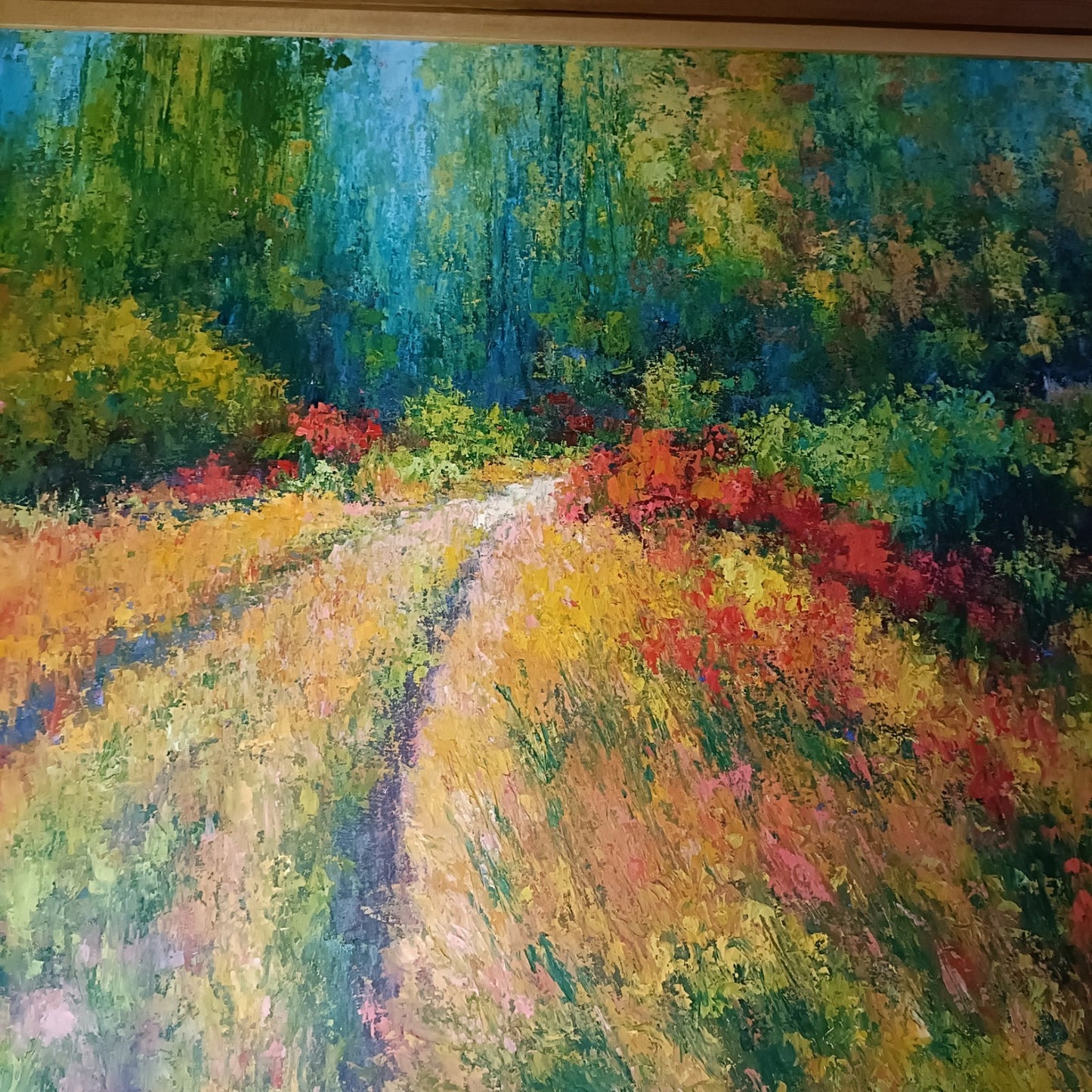 Original oil on canvas painting by June Dudleston titled "The Path to the Wood," depicting a scenic woodland pathway.