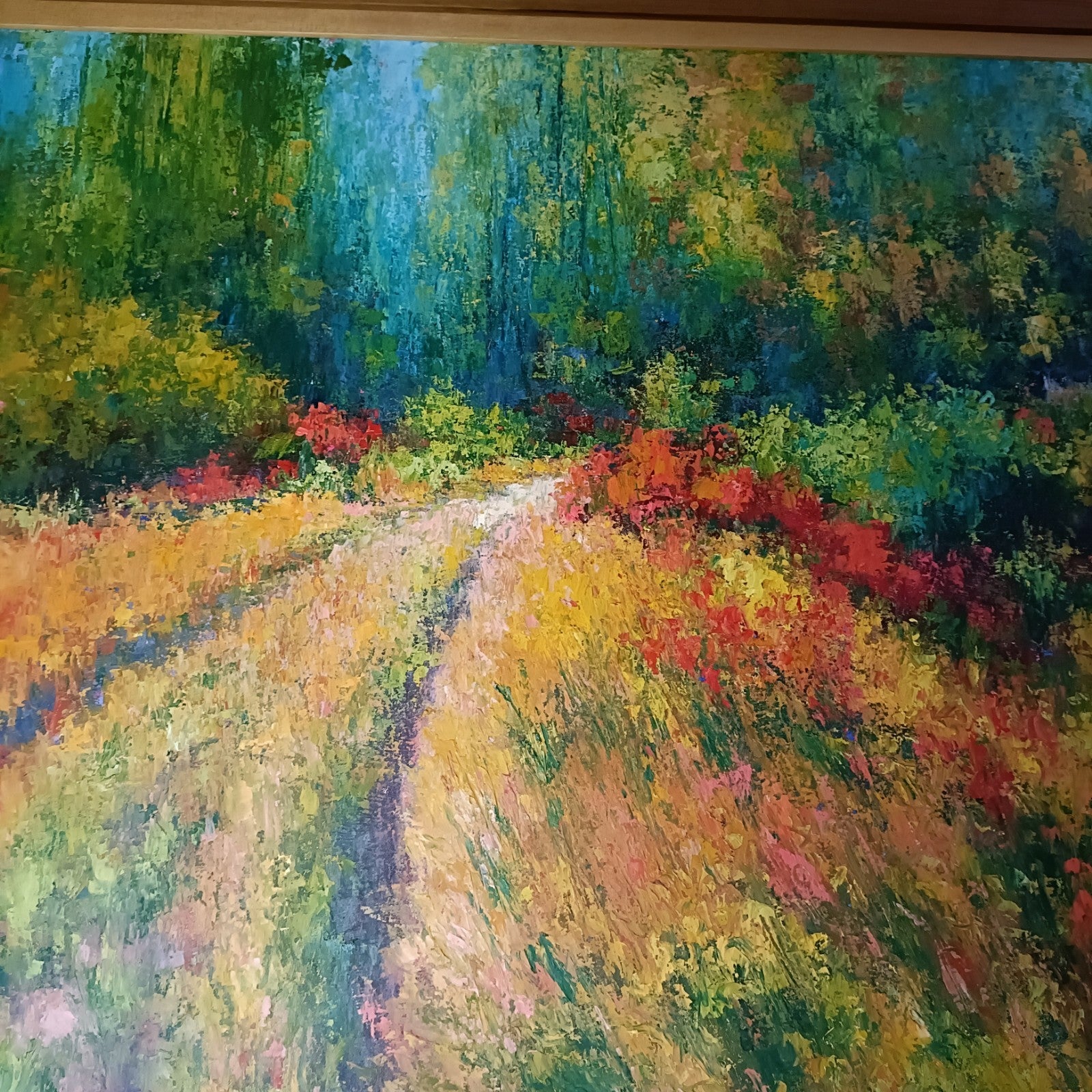 Original oil on canvas painting by June Dudleston titled "The Path to the Wood," depicting a scenic woodland pathway.
