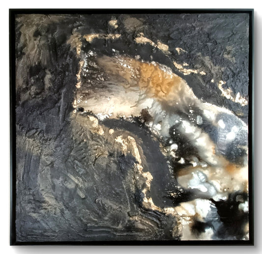 Large original mixed media abstract painting "Blackout" by RAJAN SETH, featuring bold black and textured art on canvas.