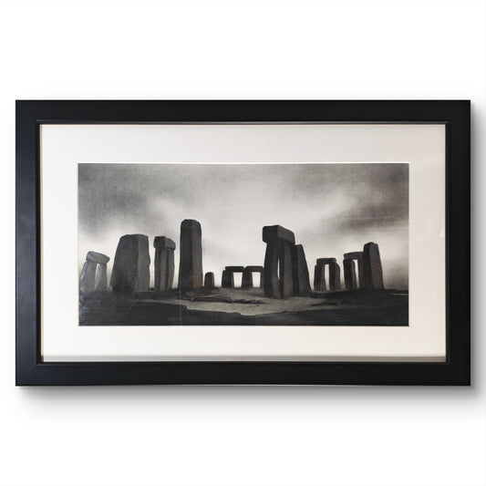 Framed signed original pencil drawing of Stonehenge by artist Marc Grimshaw, displayed in a sleek frame for art display.