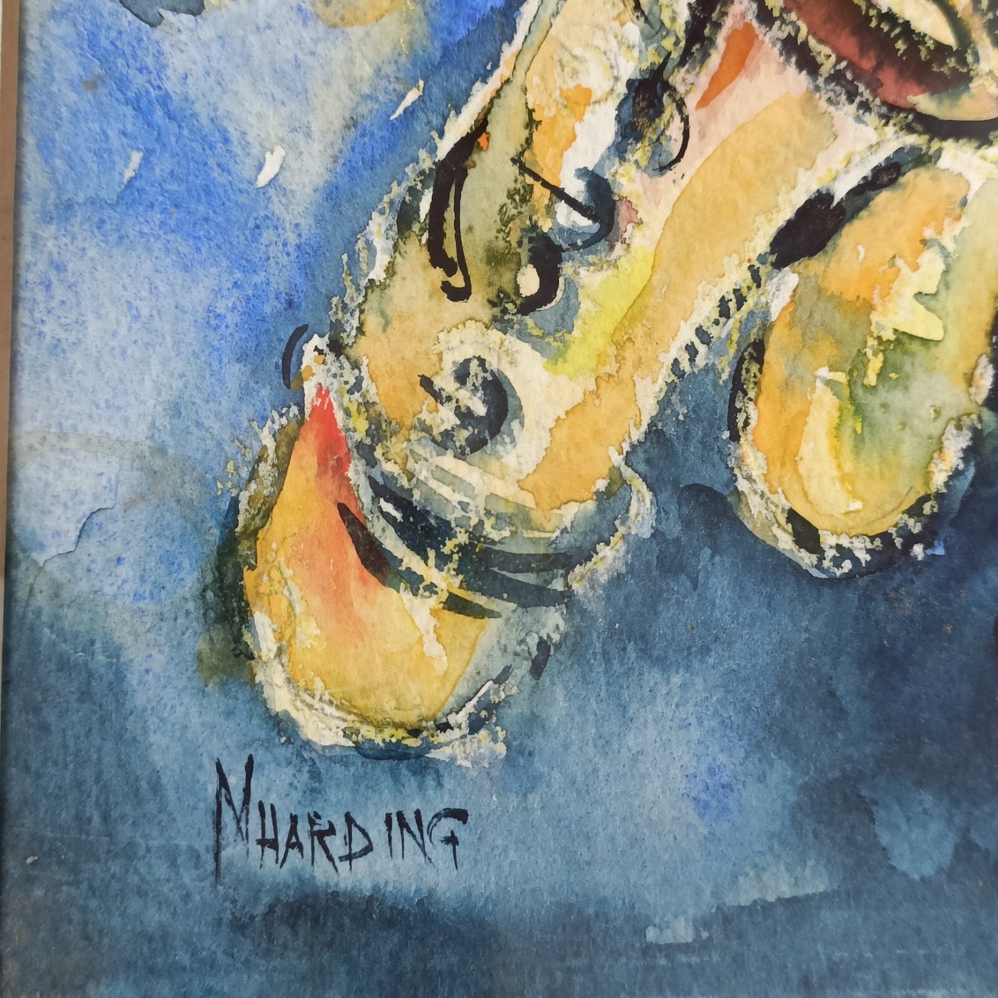 M HARDING Watercolour paintings, Saxophone paintings x2