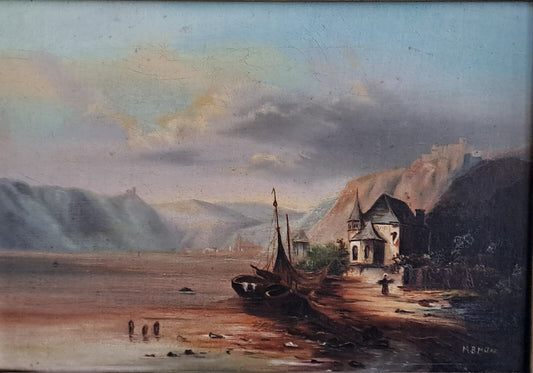 MB MILES Signed Original Oil on Canvas Romantic house on river Rhine Scene