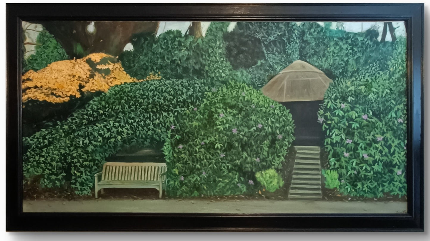 Signed framed oil painting by WOLFF depicting Doctor Samuel Johnson's Summer House at Kenwood, displayed in a classic frame.