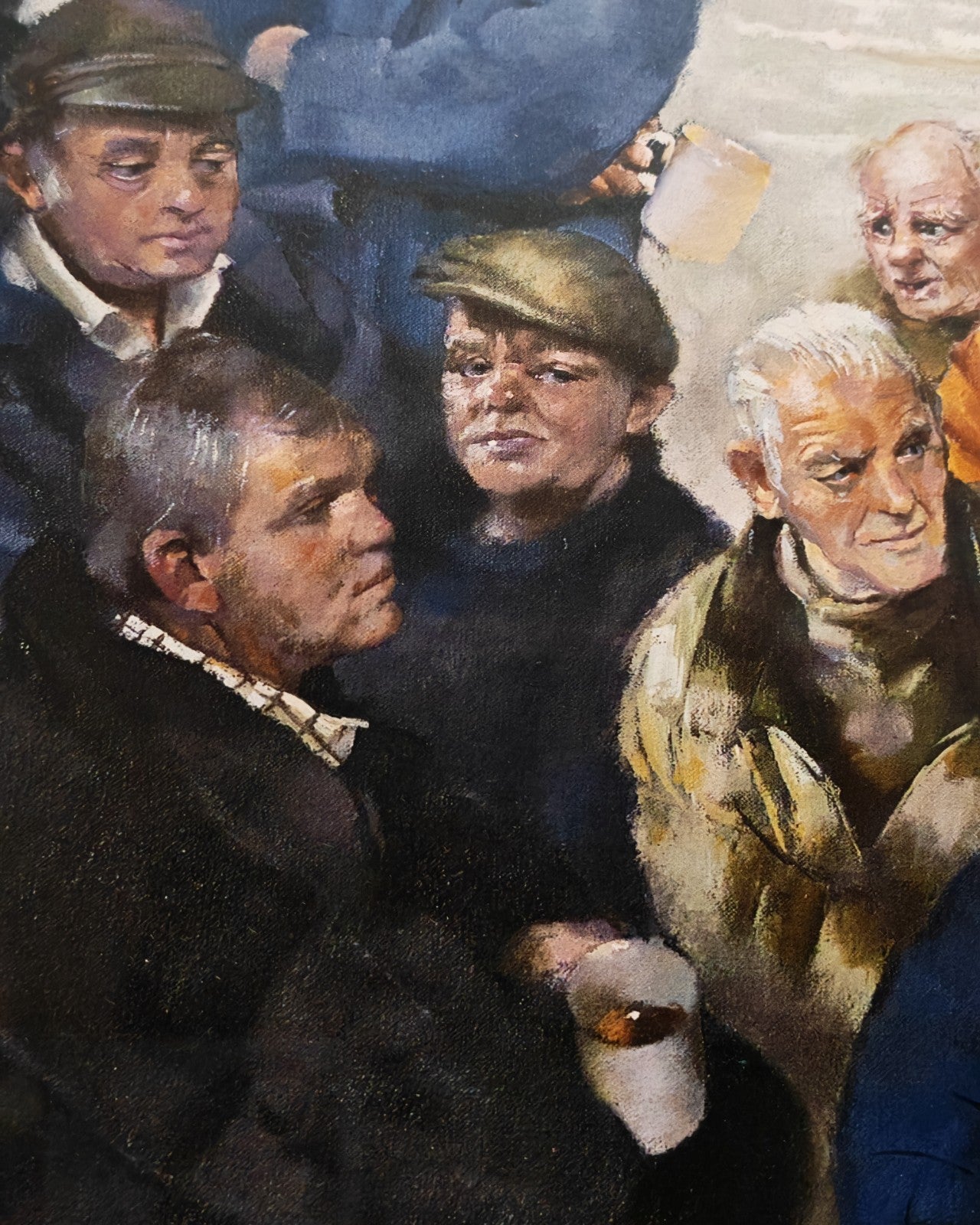Signed framed limited edition print of Robert Lenkiewicz's "Barbican Fishermen 2000," number 3 of 20, with intricate coastal scene artwork.