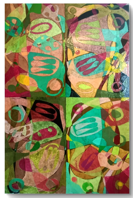 Original mixed media artwork by Julia Noble titled "After Picasso," featuring pink and green abstract shapes on a textured canvas.