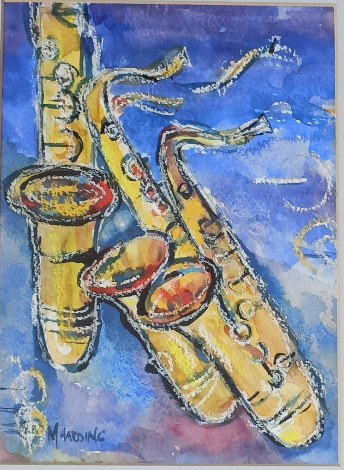 M HARDING Watercolour paintings, Saxophone paintings x2