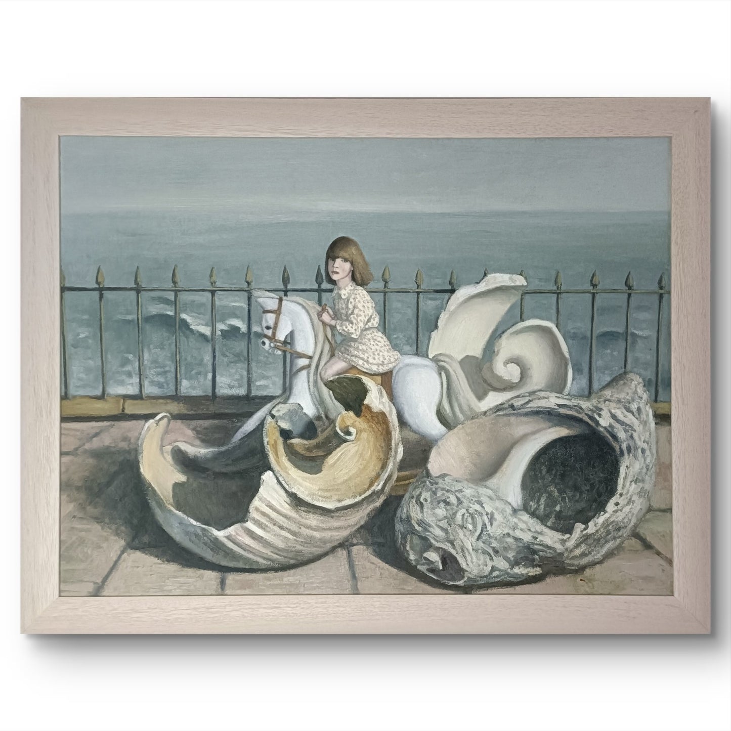 Surreal oil on board artwork by Frederick Bromfield featuring a girl and seashells by the sea, showcasing vibrant colors and detailed scene.