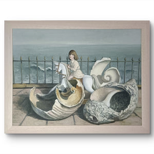 FREDERICK BROMFIELD (b.1942) Surreal Oil on Board "Girl and shells by the sea"