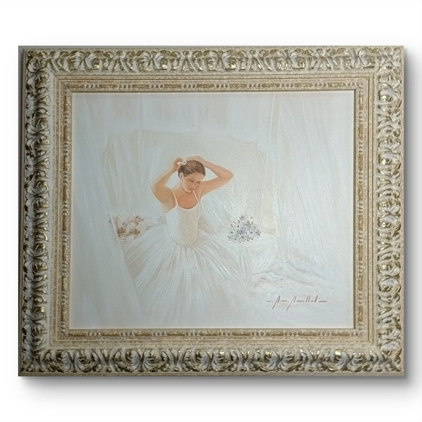 Framed signed oil painting of a seated ballerina by Marisa Mallol, featuring soft colors and elegant brushstrokes, signed by the artist.