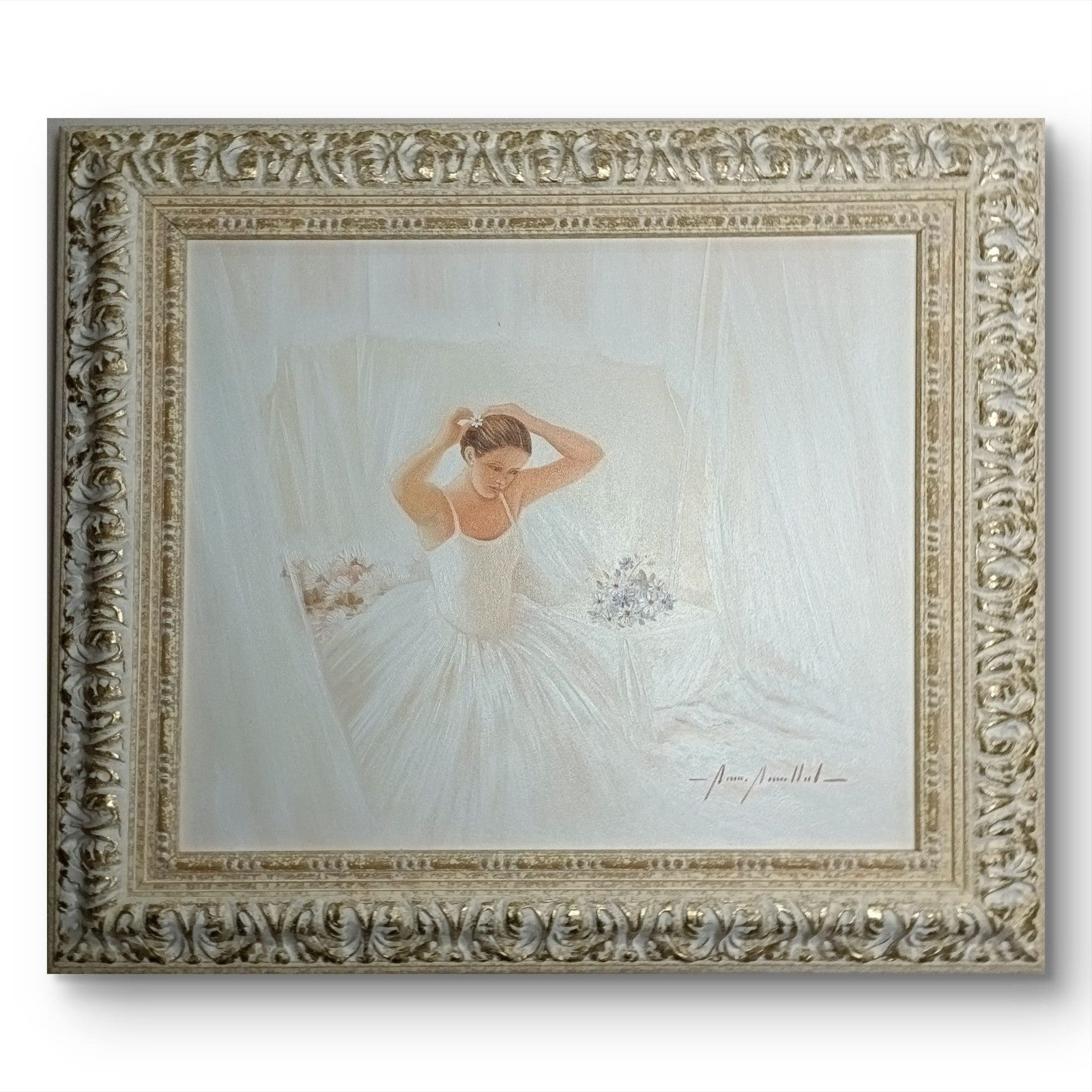 Framed signed oil painting of a seated ballerina by Marisa Mallol, featuring soft colors and elegant brushstrokes, signed by the artist.