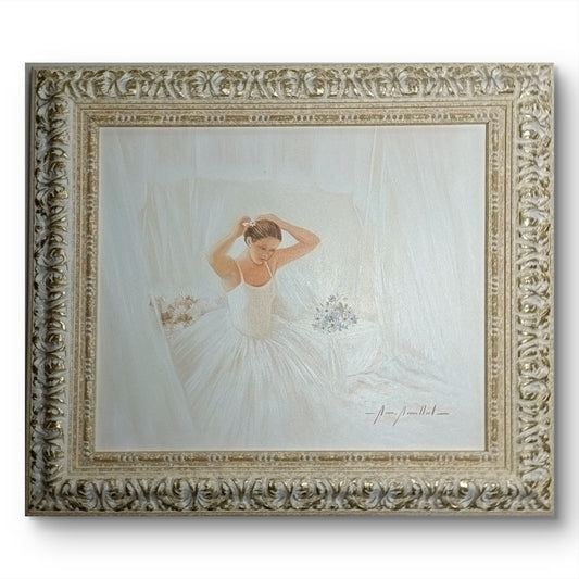 Framed signed oil painting of a seated ballerina by Marisa Mallol, featuring soft colors and elegant brushstrokes, signed by the artist.