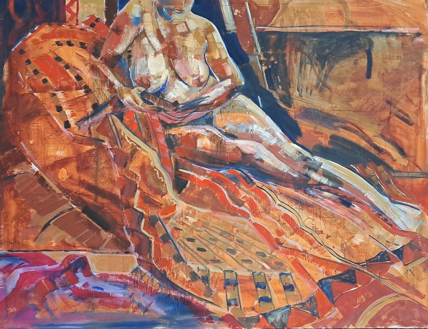 Abstract Female Nude, British Contemporary. Original Painting on Board, Framed.