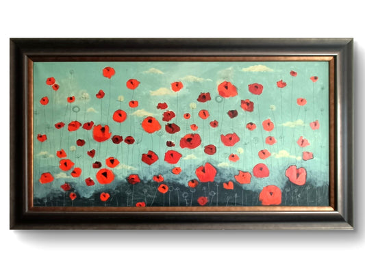 Framed original mixed media painting "Poppy Fields" by Angela Smyth, vibrant floral artwork on display.