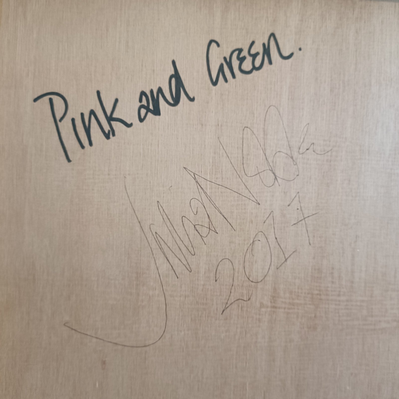 Original mixed media art by Julia Noble titled "After Picasso, Pink and Green," featuring vibrant pink and green abstract elements.