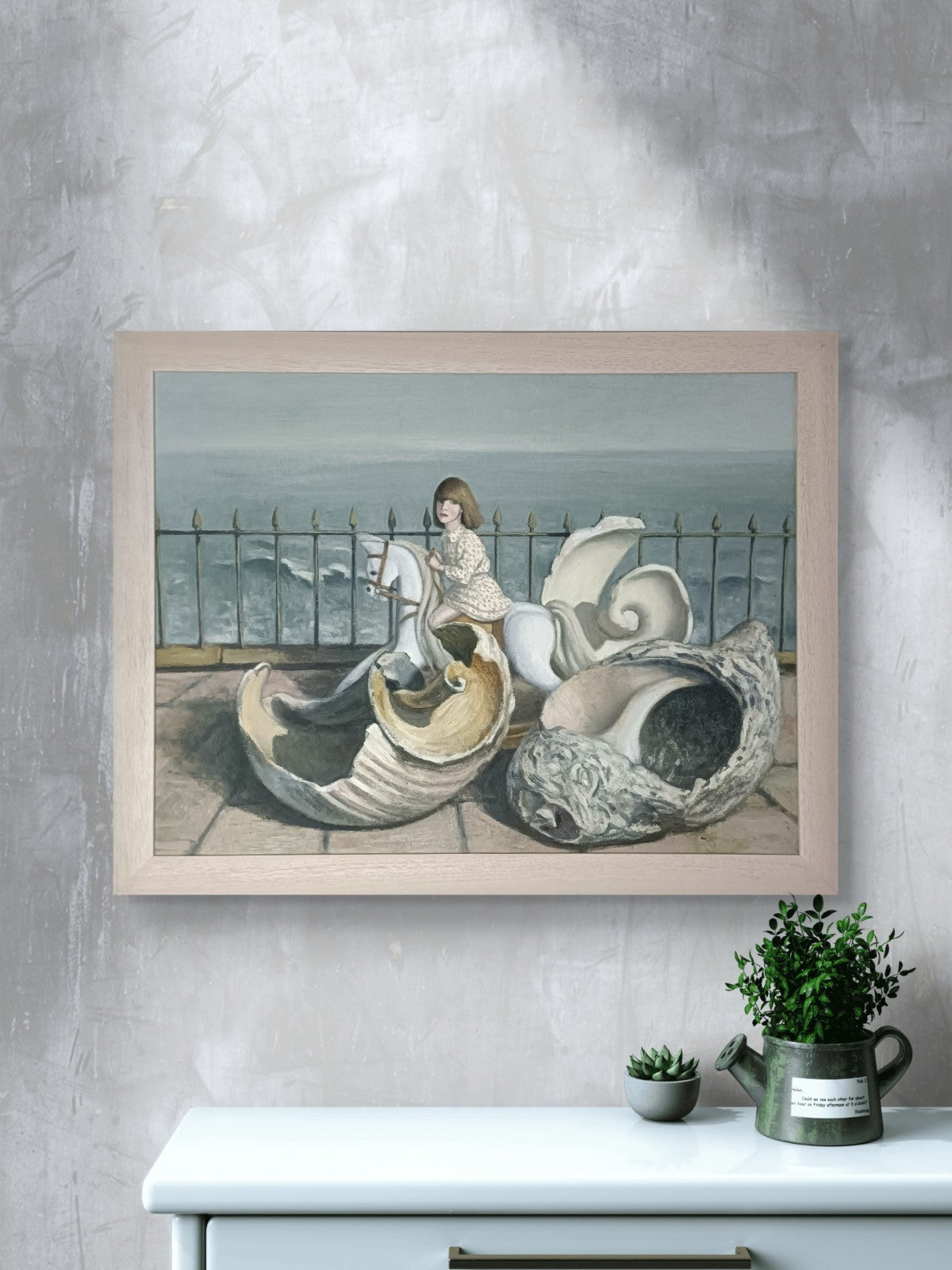 Surreal oil on board by Frederick Bromfield featuring a girl and shells by the sea, artwork from Curated Treasures collection.