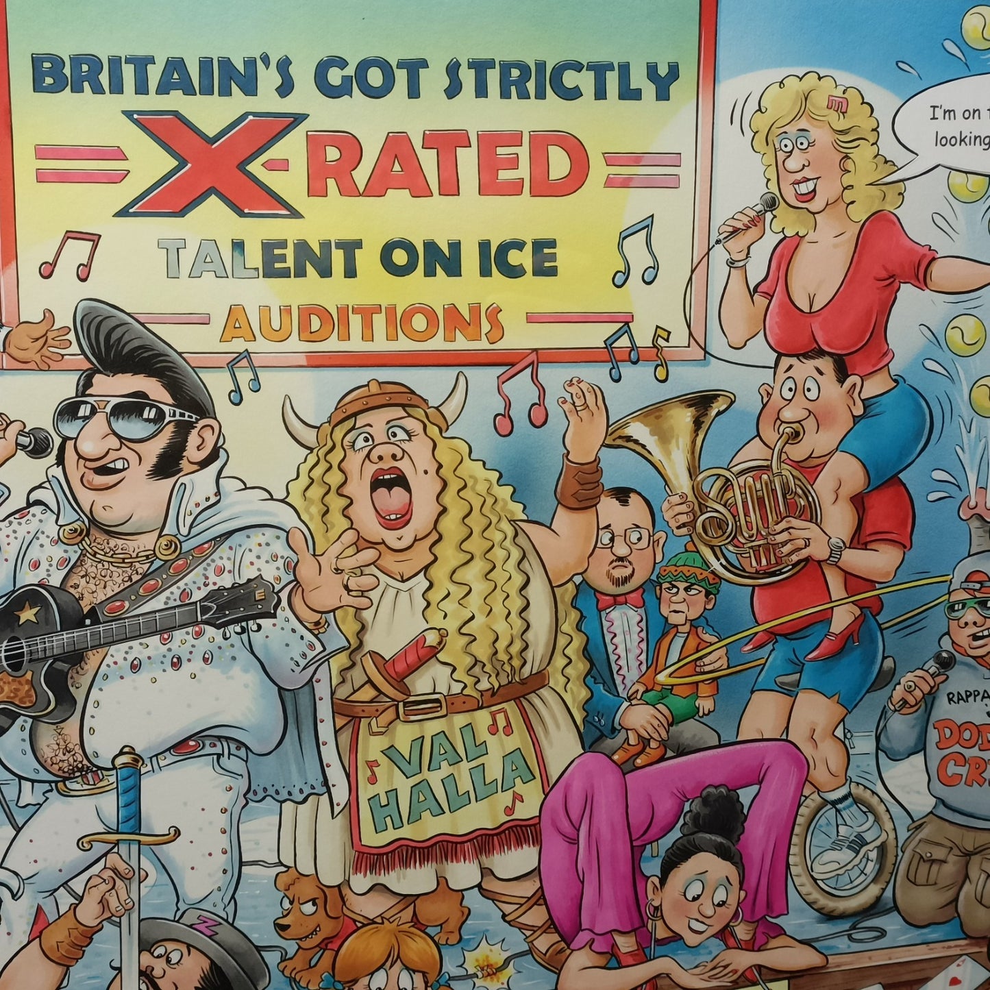 Original GEOFF TRISTRAM Gouache Cartoon "The Talent Show" (BGT) Jigsaw Art