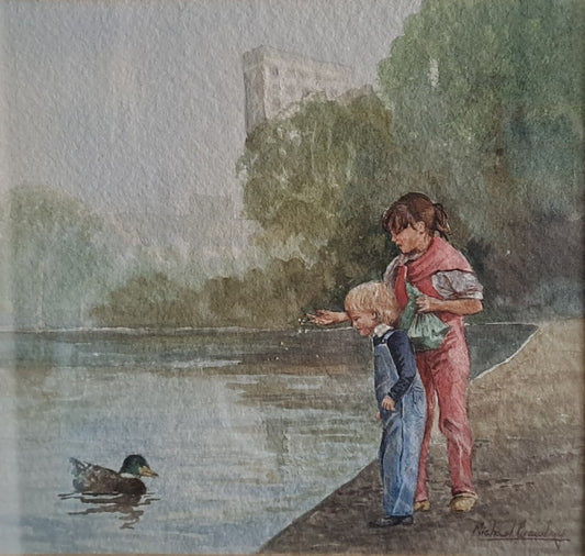 MICHAEL CRAWLEY Original Watercolour "Children and Duck"